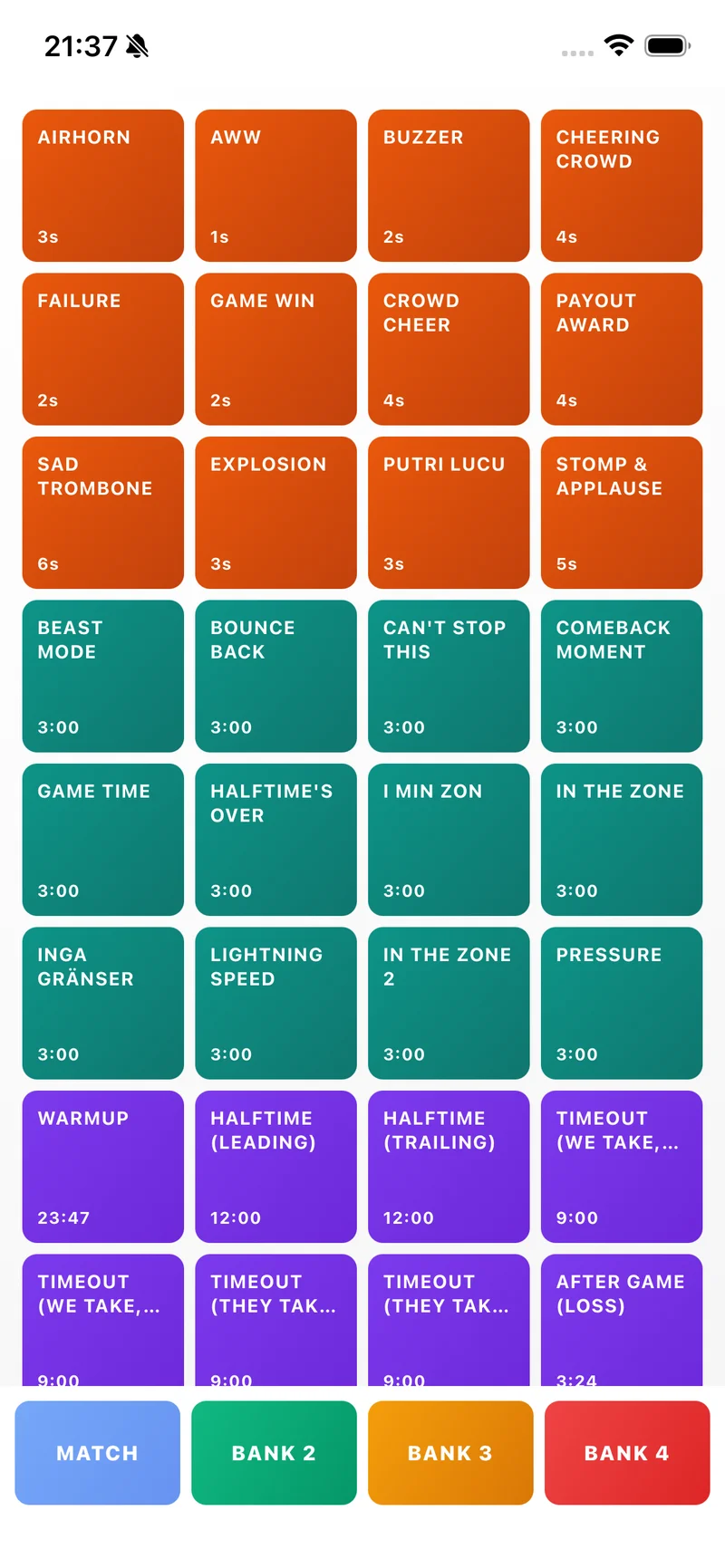 Game Day DJ App Interface showing colorful soundboard with sound effects, music, and playlist controls
